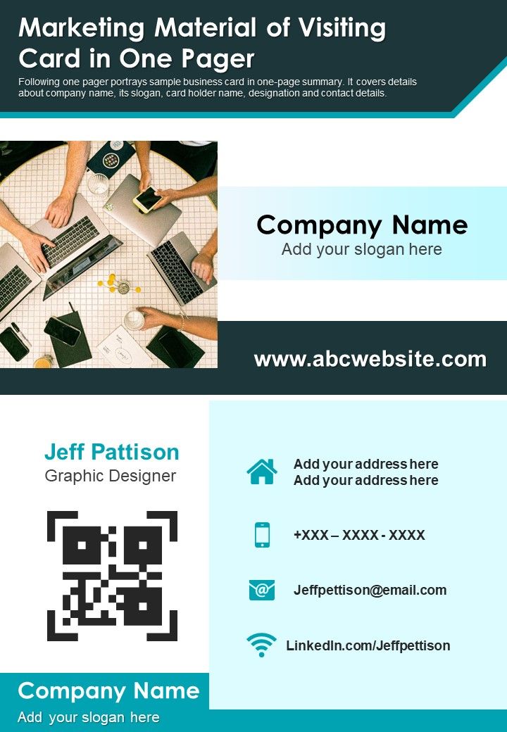 Marketing Material Of Visiting Card In One Pager PDF Document PPT Template Slide01