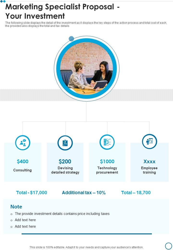 Marketing Specialist Proposal Your Investment One Pager Sample Example Document Slide01