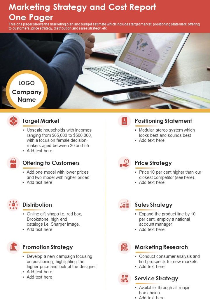 Marketing Strategy And Cost Report One Pager PDF Document PPT Template Slide01