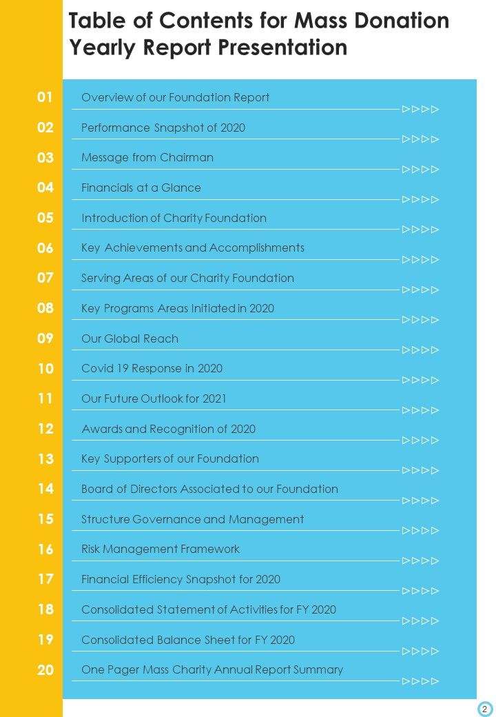 Mass Donation Yearly Report Presentation One Pager Documents
