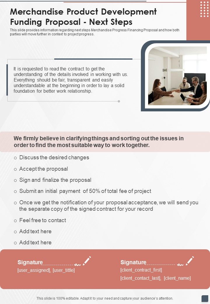 Merchandise Product Development Funding Proposal Next Steps One Pager Sample Example Document Slide01