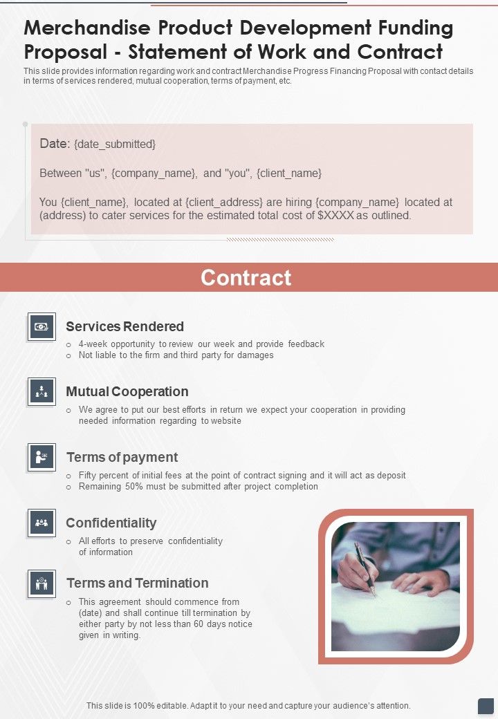 Merchandise Product Development Funding Proposal Statement Of Work And Contract One Pager Sample Example Document Slide01