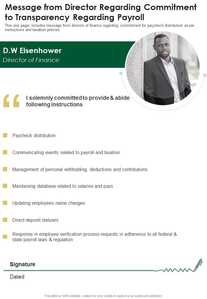 Message From Director Regarding Commitment To Transparency Regarding Payroll One Pager Documents Slide01