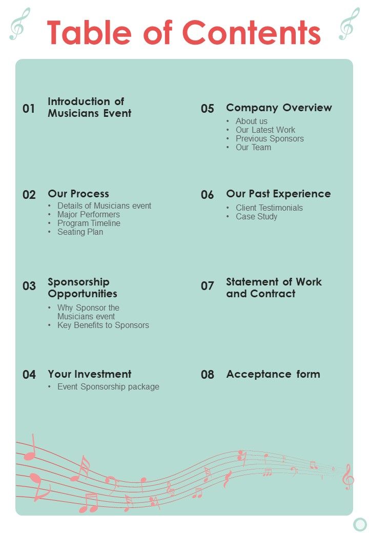 Musicians Function Proposal Table Of Contents One Pager Sample Example Document Slide01