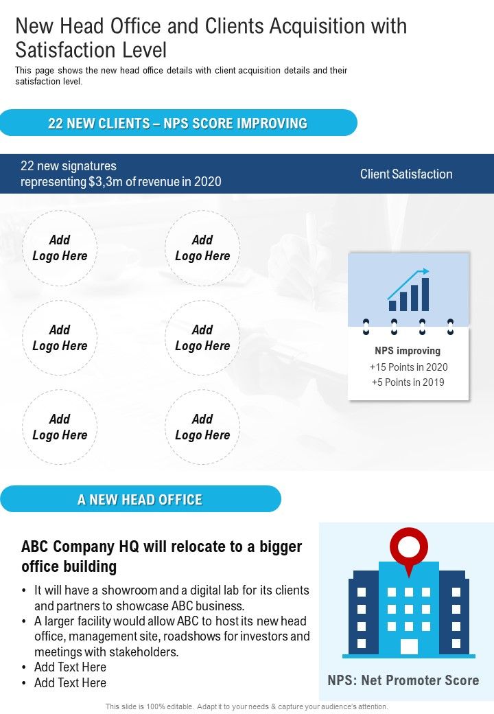 New Head Office And Clients Acquisition With Satisfaction Level One Pager Documents Slide01