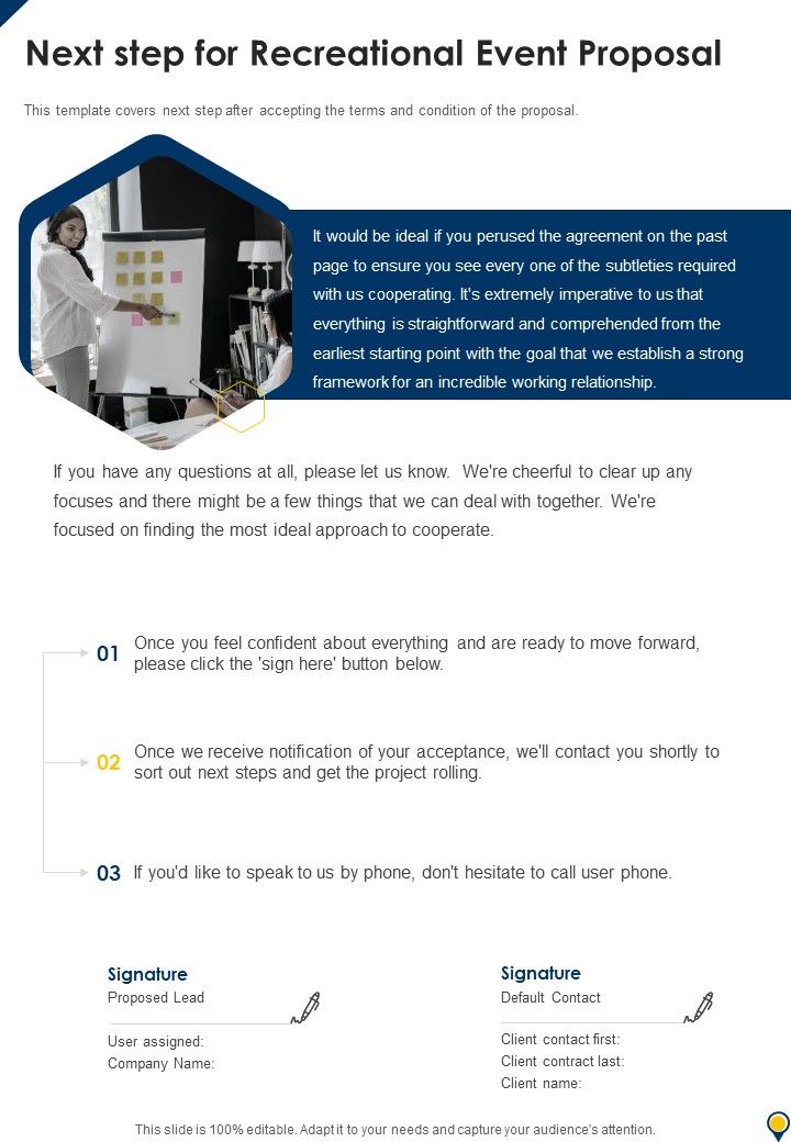 Next Step For Recreational Event Proposal One Pager Sample Example Document Slide01