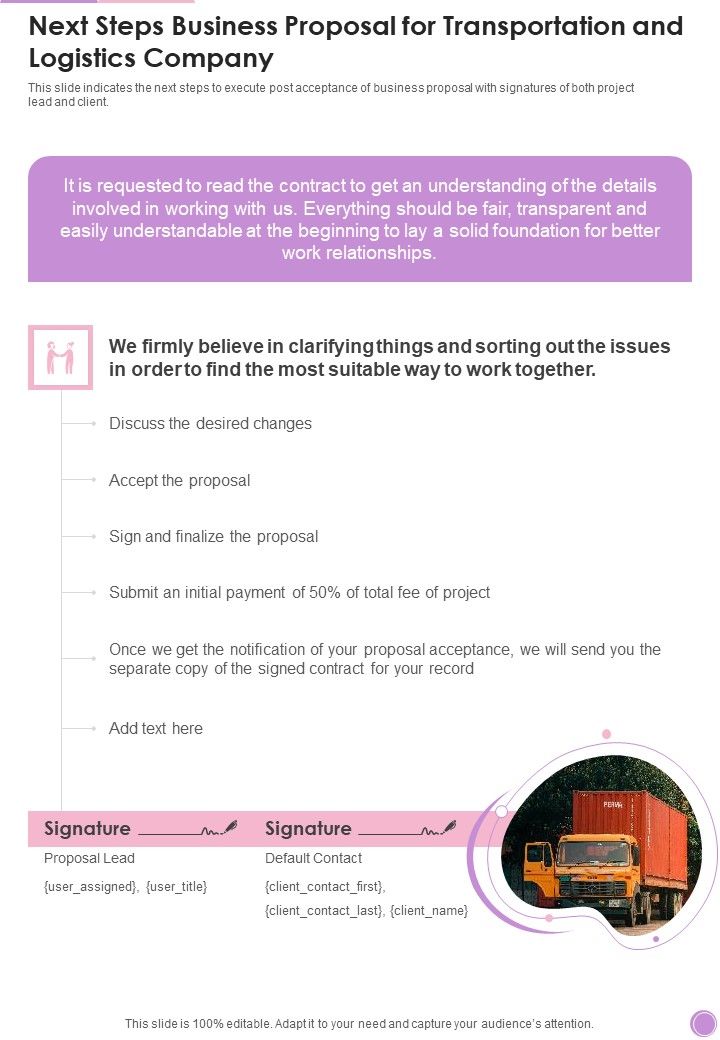 Next Steps Business Proposal For Transportation And Logistics Company One Pager Sample Example Document Slide01