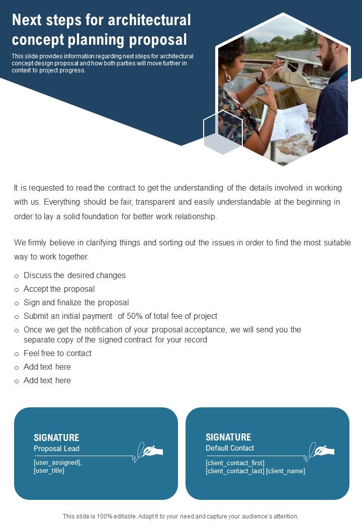 Next Steps For Architectural Concept Planning Proposal One Pager Sample Example Document Slide01