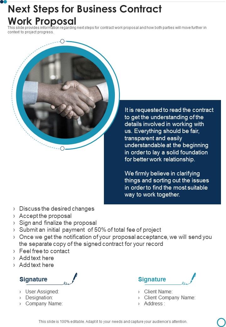 Next Steps For Business Contract Work Proposal One Pager Sample Example Document Slide01