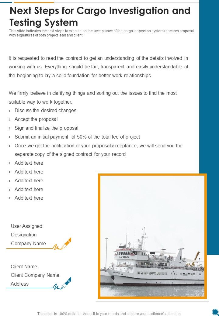 Next Steps For Cargo Investigation And Testing System One Pager Sample Example Document Slide01