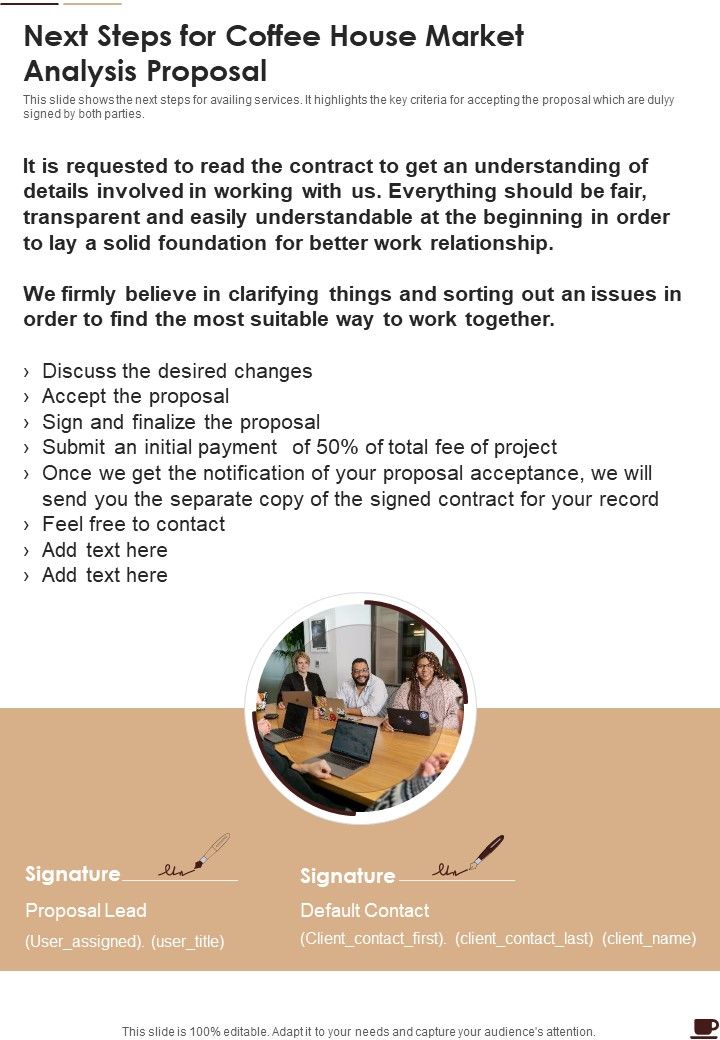 Next Steps For Coffee House Market Analysis Proposal One Pager Sample Example Document Slide01