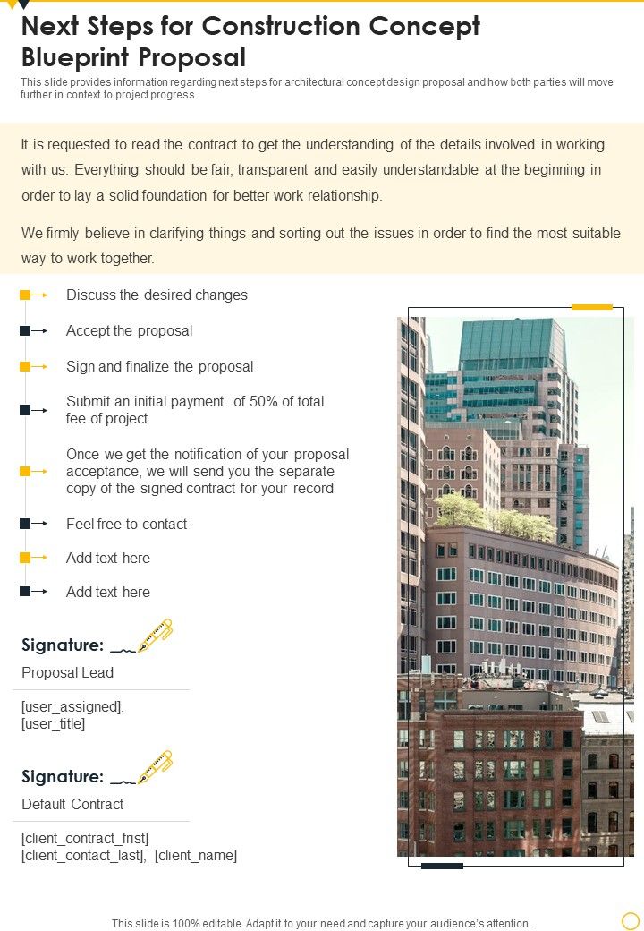 Next Steps For Construction Concept Blueprint Proposal One Pager Sample Example Document Slide01
