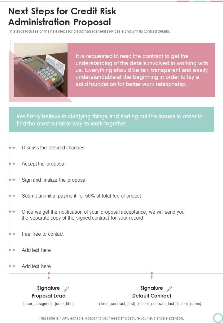 Next Steps For Credit Risk Administration Proposal One Pager Sample Example Document Slide01
