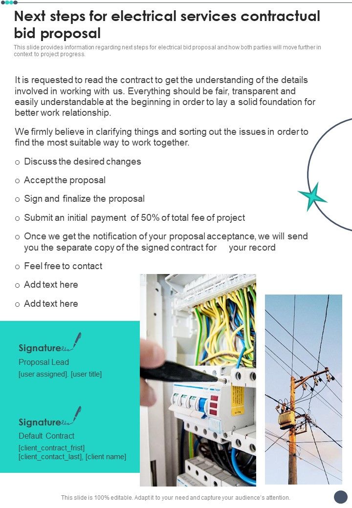 Next Steps For Electrical Services Contractual Bid Proposal One Pager Sample Example Document Slide01