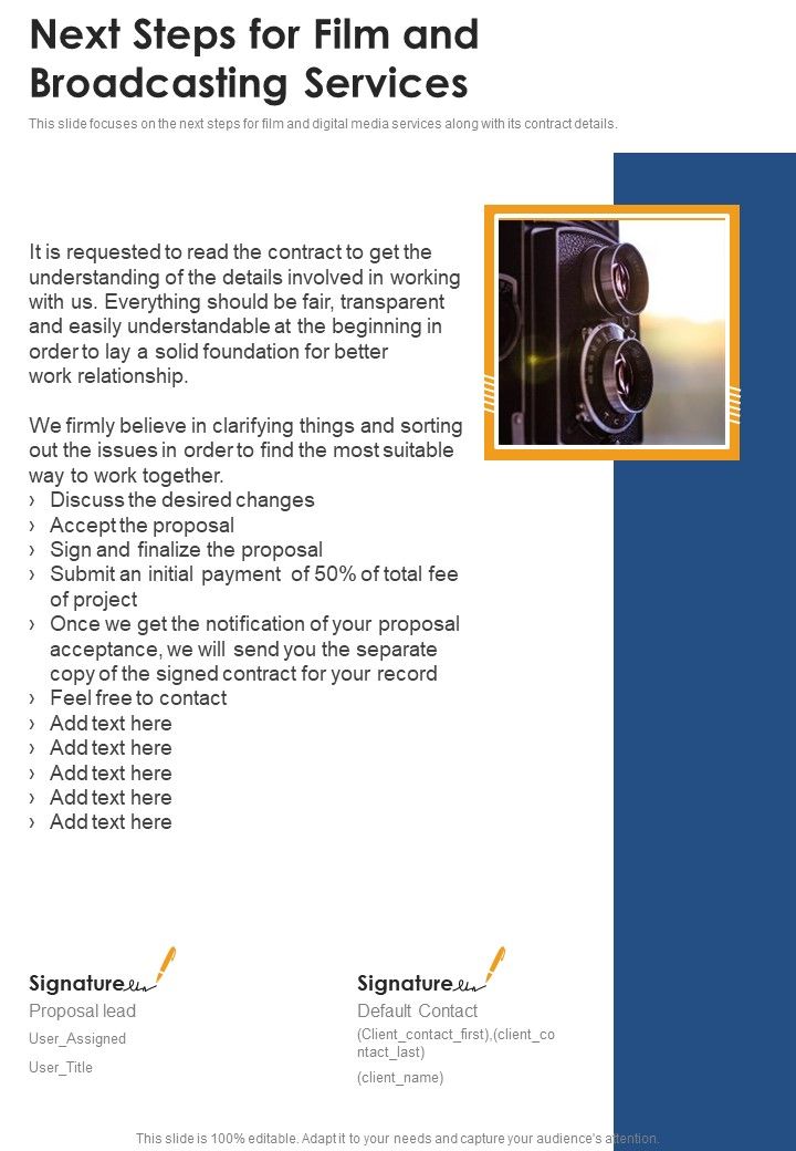 Next Steps For Film And Broadcasting Services One Pager Sample Example Document Slide01
