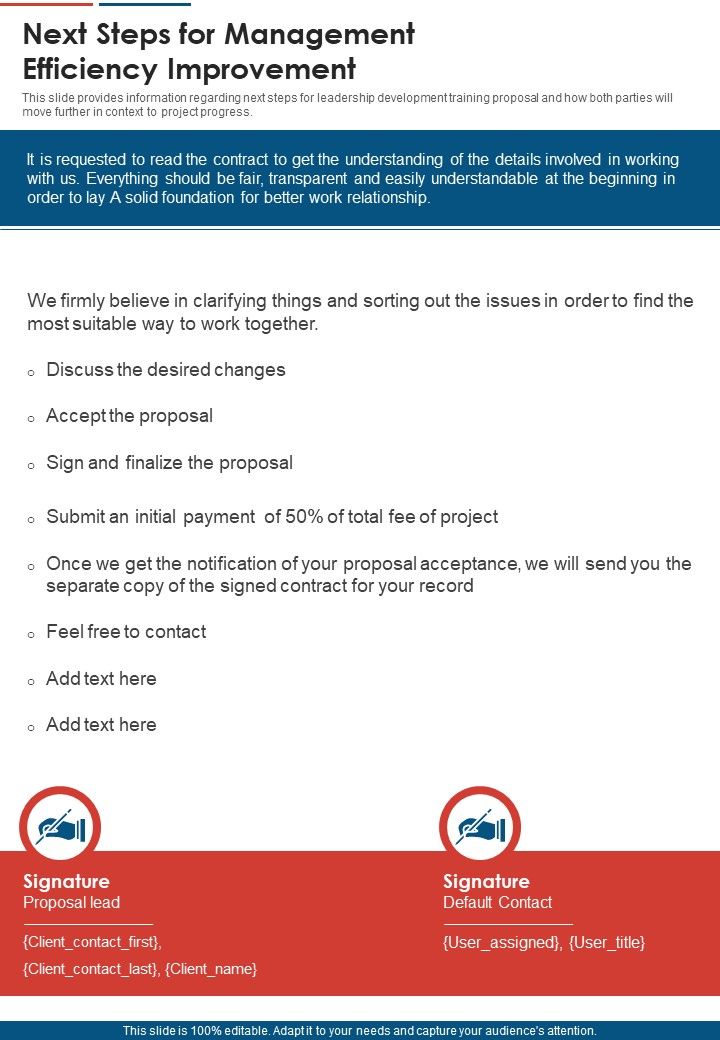 Next Steps For Management Efficiency Improvement One Pager Sample Example Document Slide01
