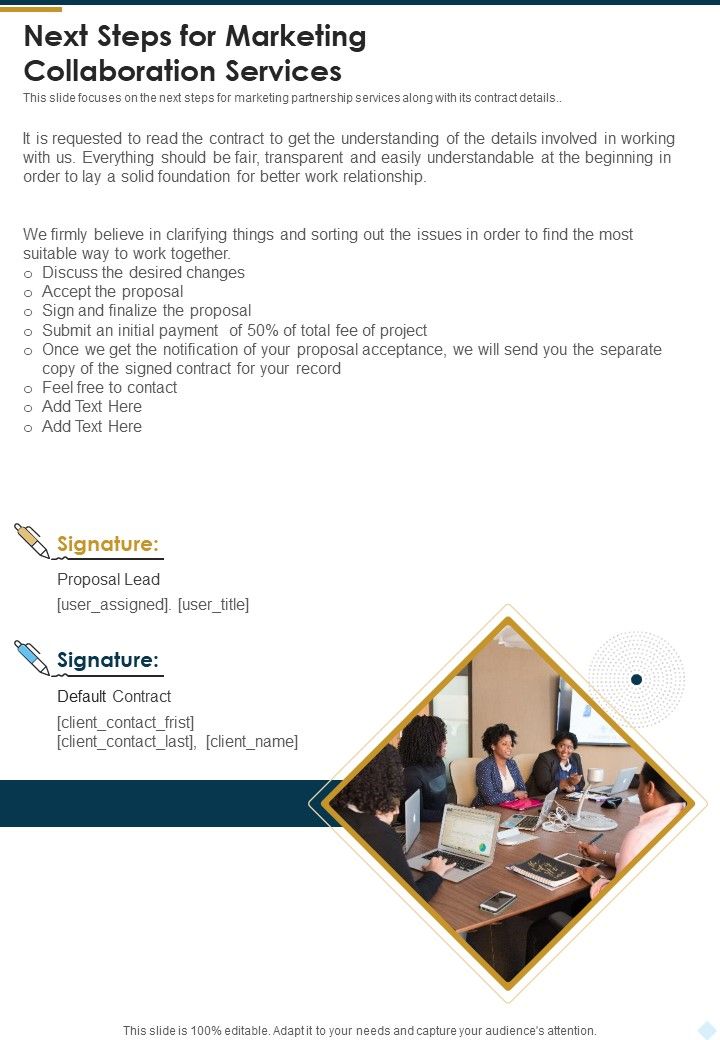 Next Steps For Marketing Collaboration Services One Pager Sample Example Document Slide01