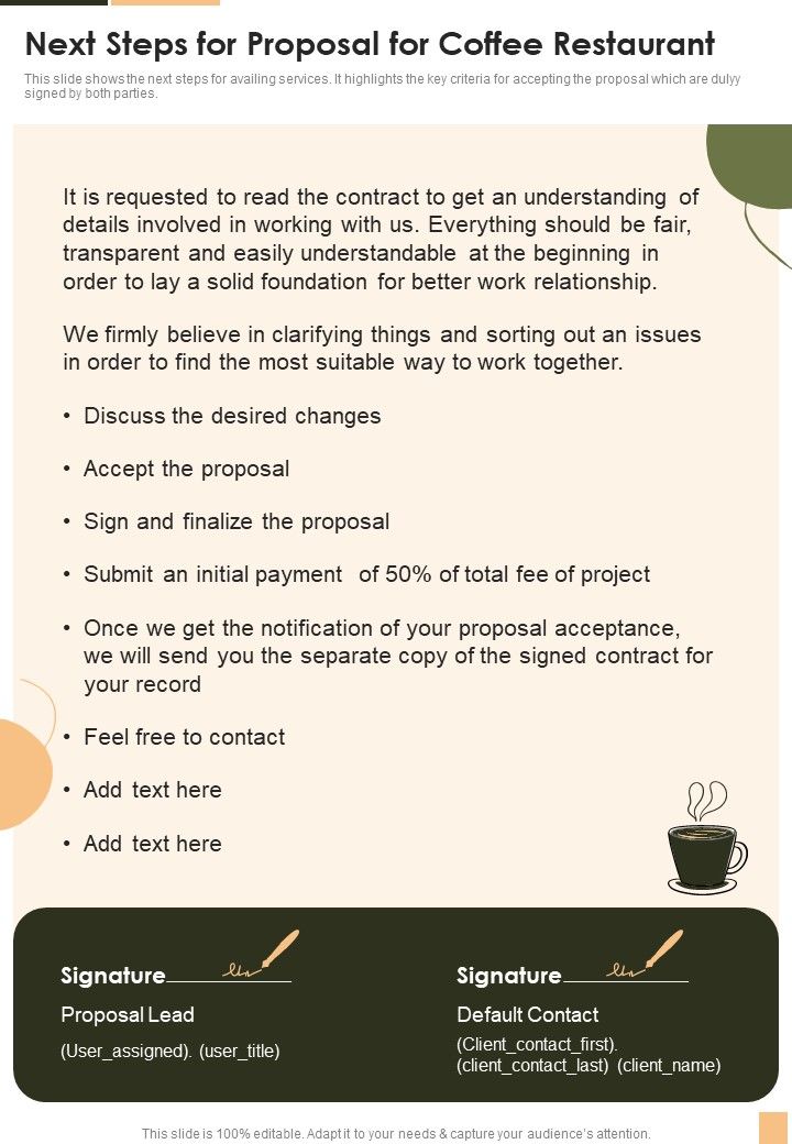 Next Steps For Proposal For Coffee Restaurant One Pager Sample Example Document Slide01