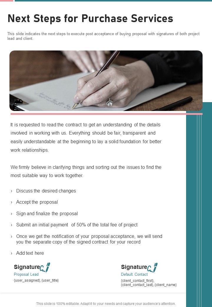 Next Steps For Purchase Services One Pager Sample Example Document Slide01