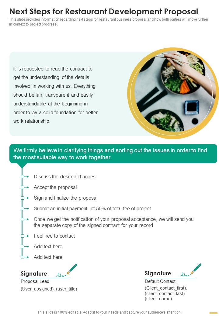 Next Steps For Restaurant Development Proposal One Pager Sample Example Document Slide01