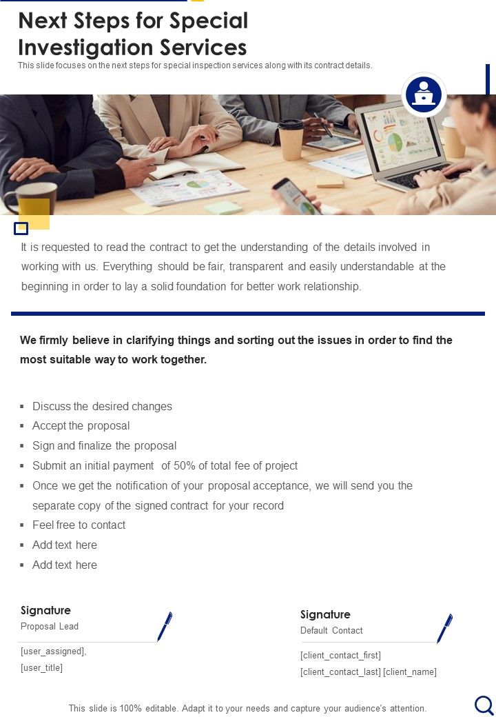 Next Steps For Special Investigation Services One Pager Sample Example Document Slide01