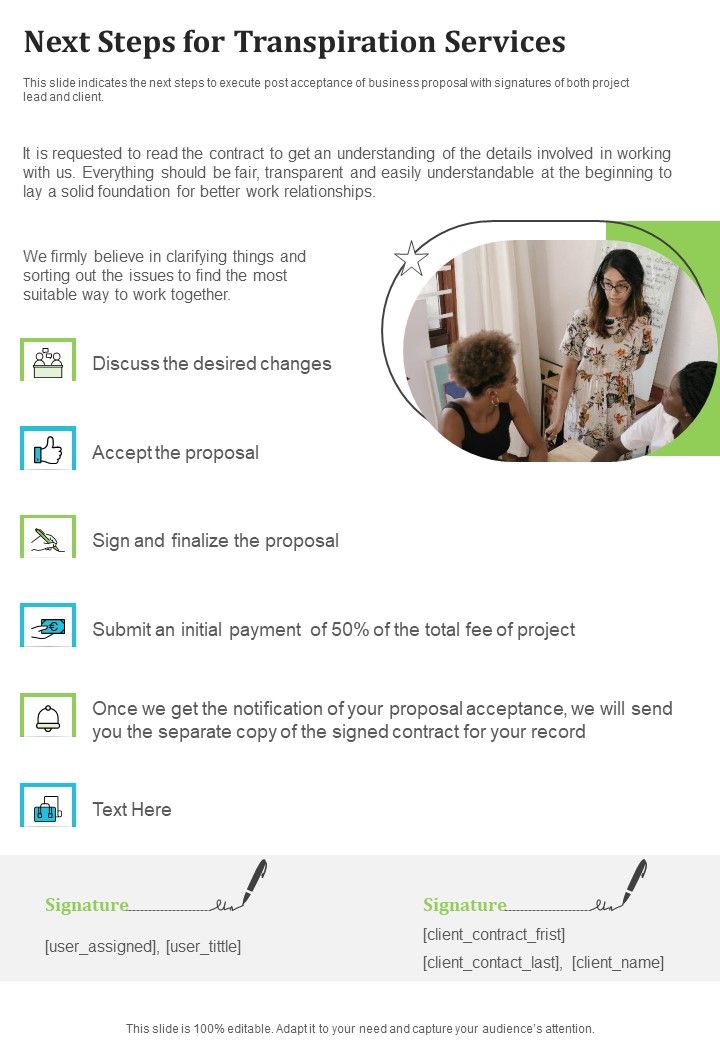 Next Steps For Transpiration Services One Pager Sample Example Document Slide01