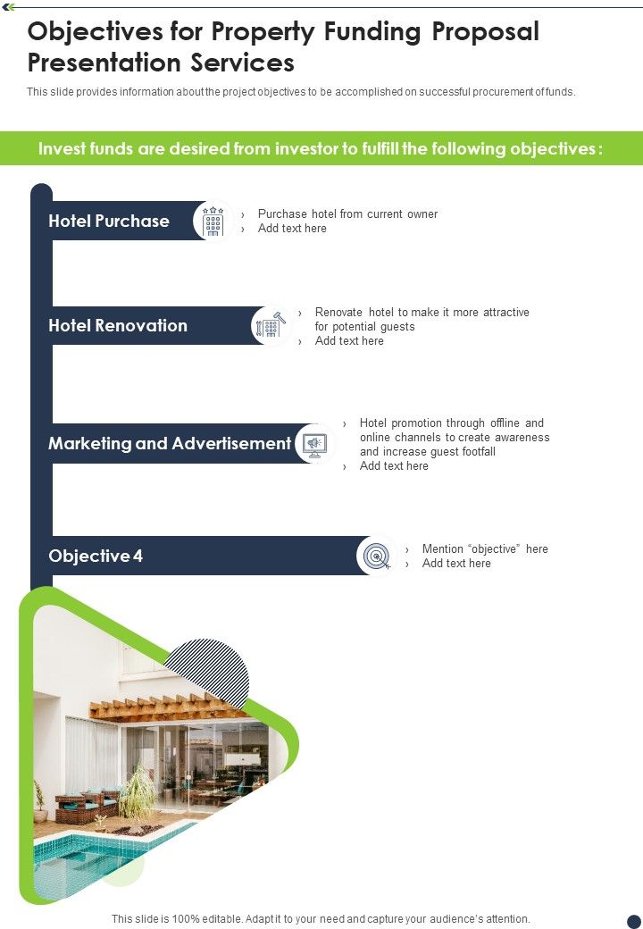 Objectives For Property Funding Proposal Presentation Services One Pager Sample Example Document Slide01
