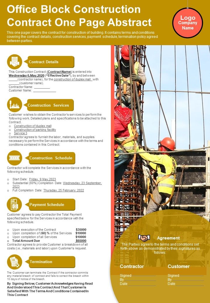 Office Block Construction Contract One Page Abstract PDF Document PPT Template Slide01