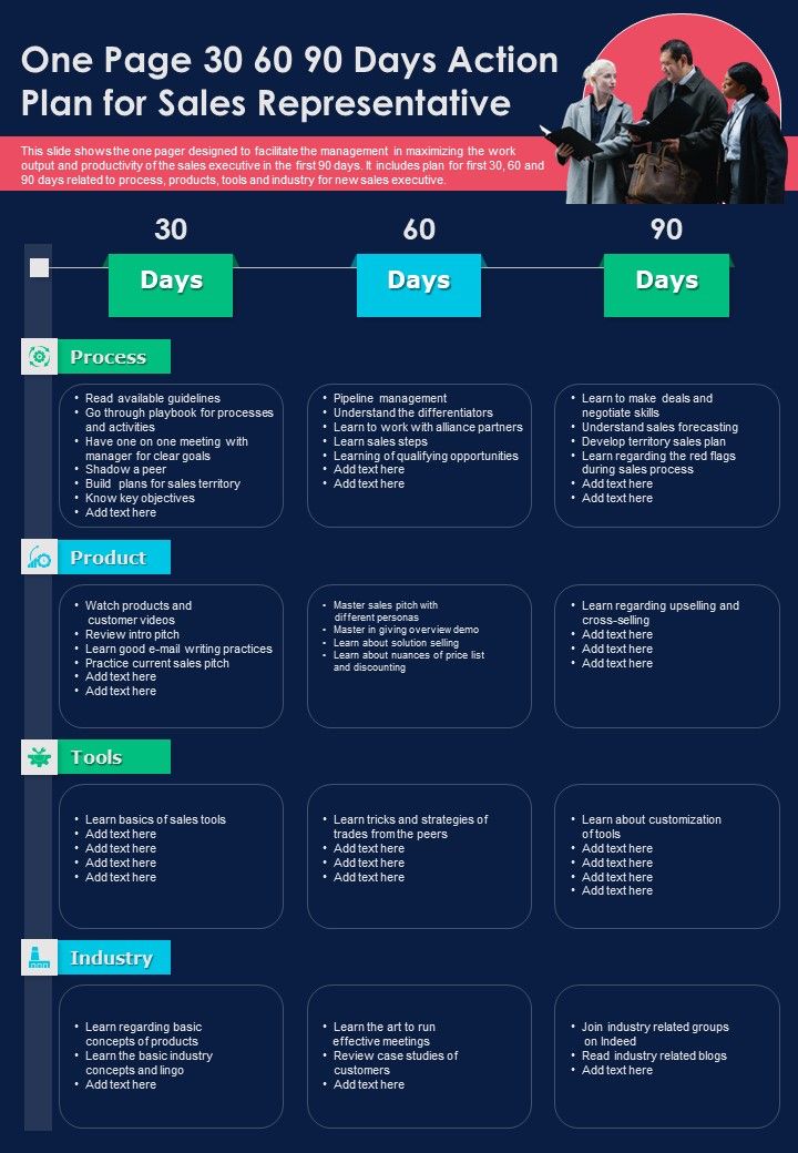 One Page 30 60 90 Days Action Plan For Sales Representative PDF Document PPT Template Slide01