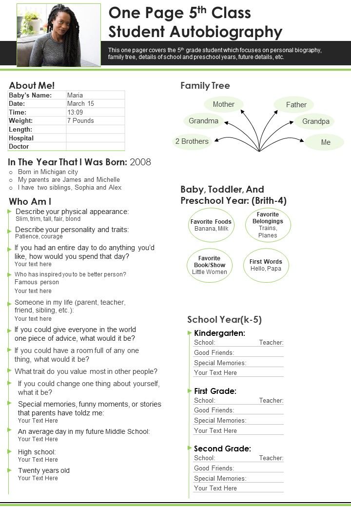 One Page 5Th Class Student Autobiography PDF Document PPT Template Slide01