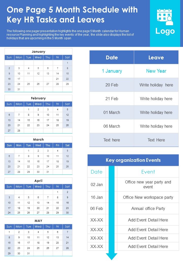 One Page 5 Month Schedule With Key HR Task And Leaves PDF Document PPT Template Slide01
