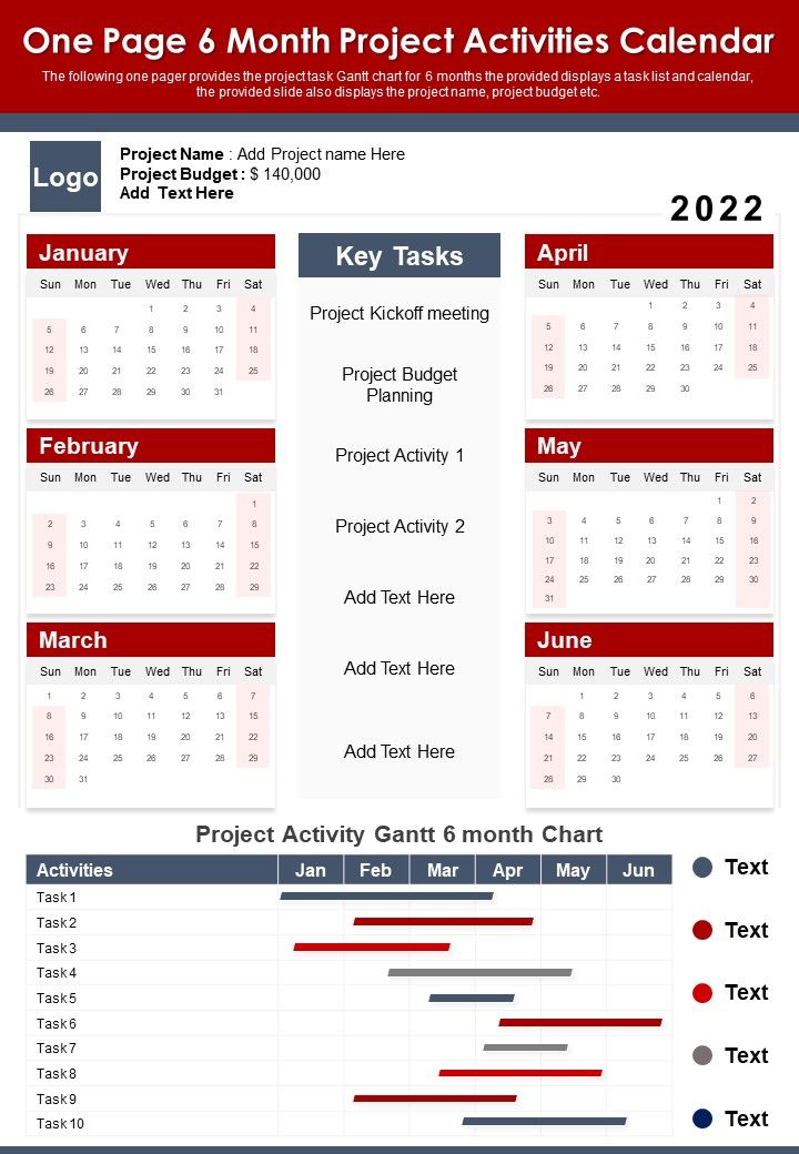 One Page 6 Month Project Activities Calendar PDF Document PPT Template Slide01