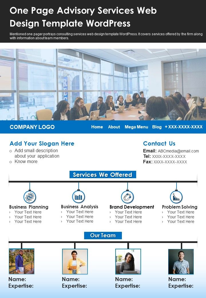 One Page Advisory Services Web Design Template Wordpress PDF Document PPT Template Slide01