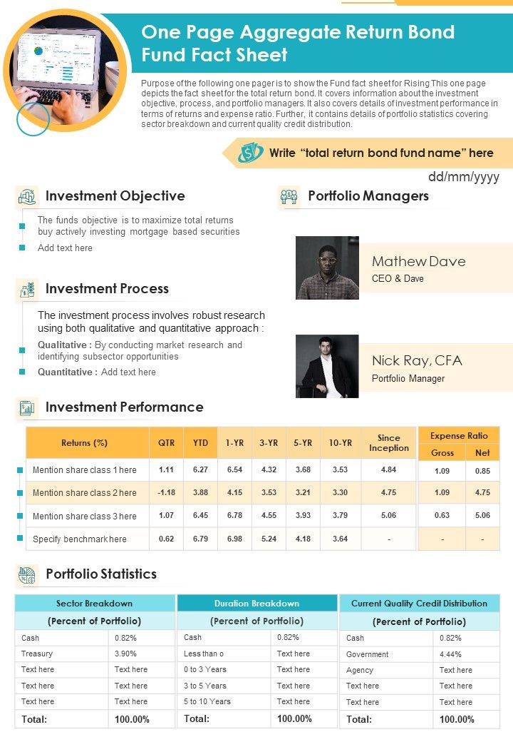 One Page Aggregate Return Bond Fund Fact Sheet PDF Document PPT Template Slide01