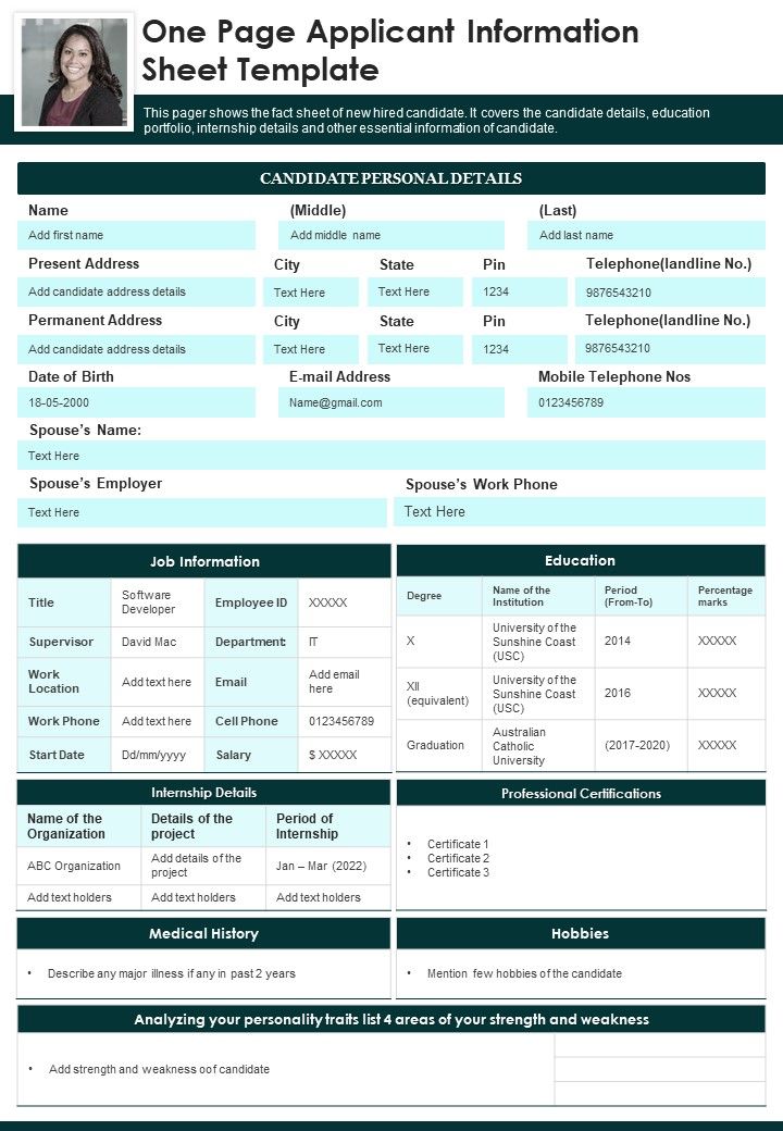 One Page Applicant Information Sheet Template PDF Document PPT Template Slide01