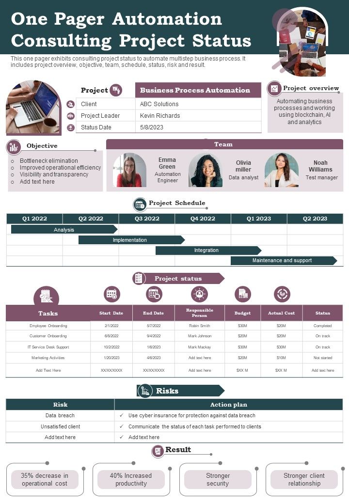 One Page Automation Consulting Project Progress PDF Document PPT Template Slide01