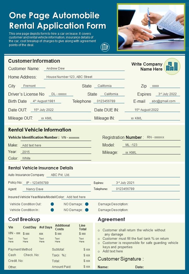One Page Automobile Rental Application Form PDF Document PPT Template Slide01