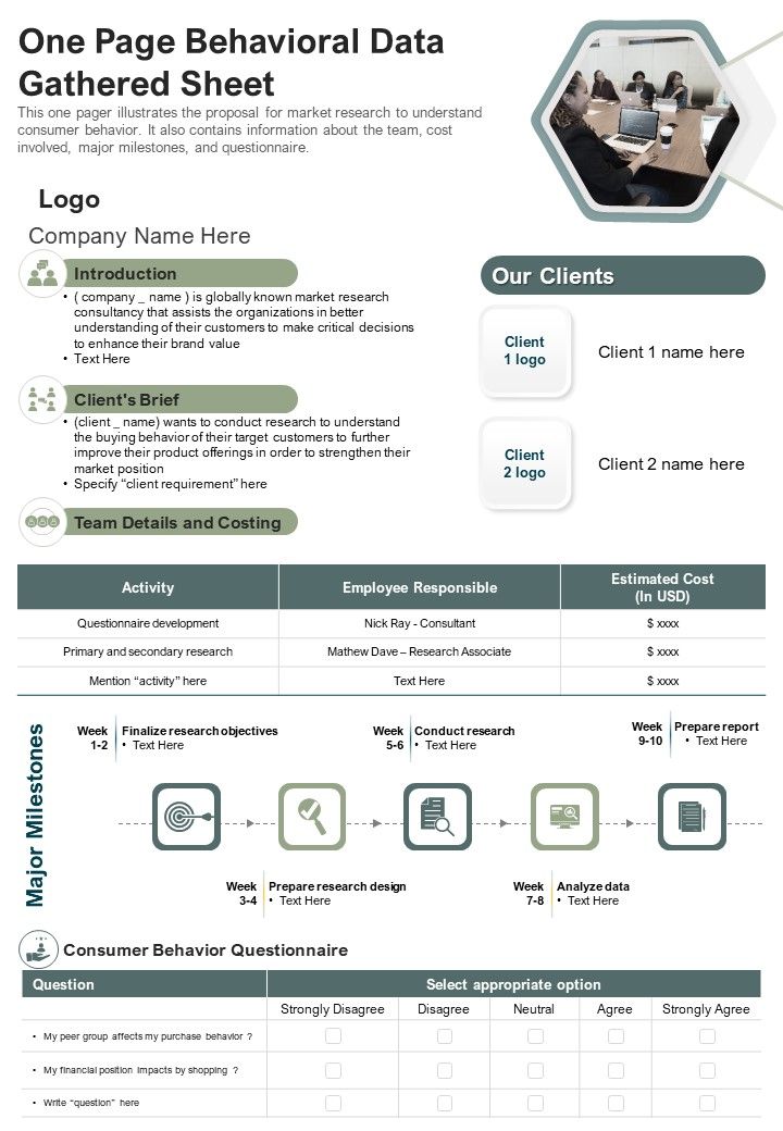 One Page Behavioral Data Gathered Sheet PDF Document PPT Template Slide01