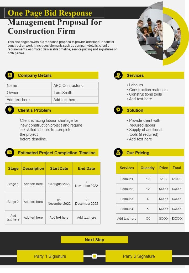 One Page Bid Response Management Proposal For Construction Firm PDF Document PPT Template Slide01