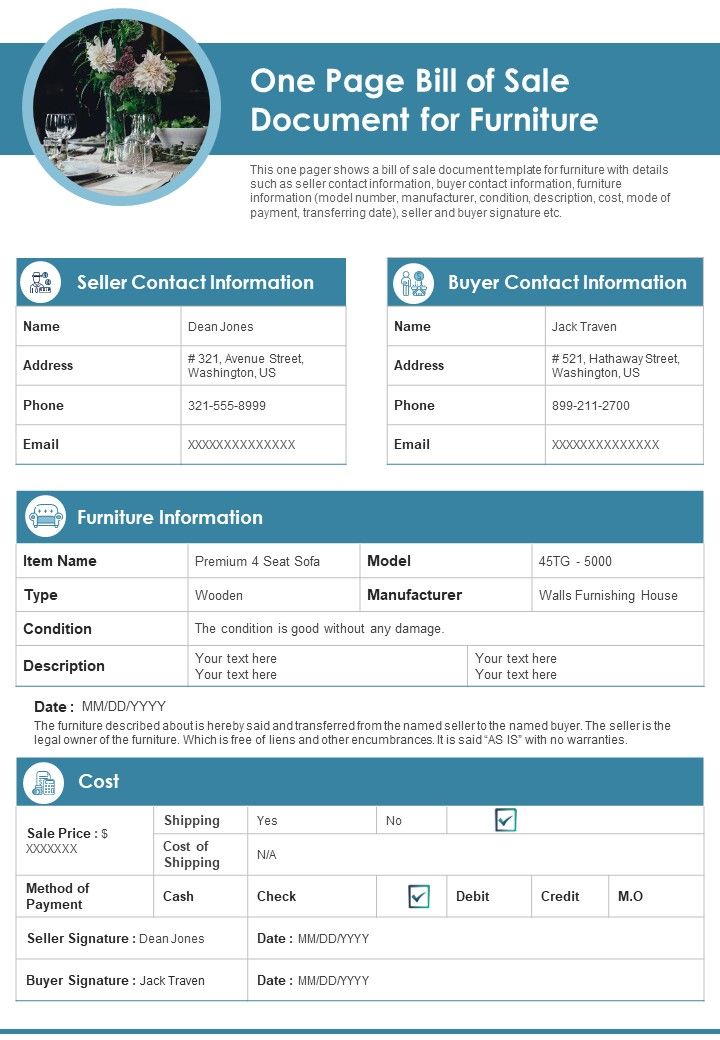 One Page Bill Of Sale Document For Furniture PDF Document PPT Template Slide01