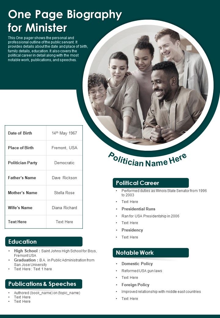 One Page Biography For Minister PDF Document PPT Template Slide01