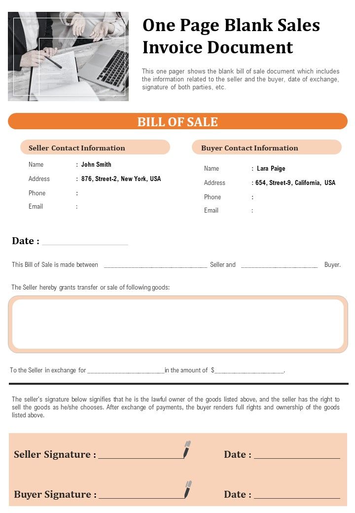 One Page Blank Sales Invoice Document PDF Document PPT Template Slide01