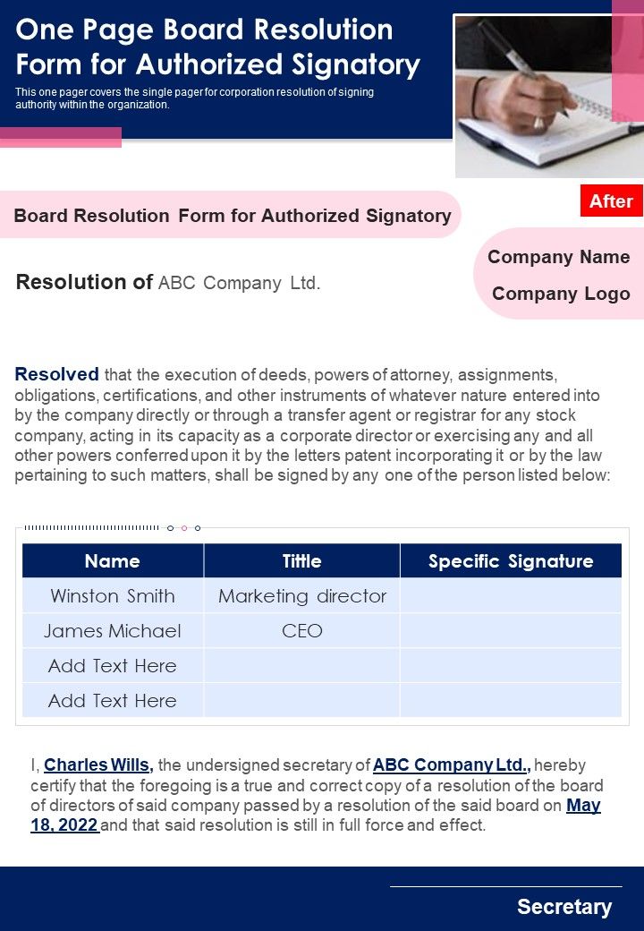 One Page Board Resolution Form For Authorized Signatory PDF Document PPT Template Slide01