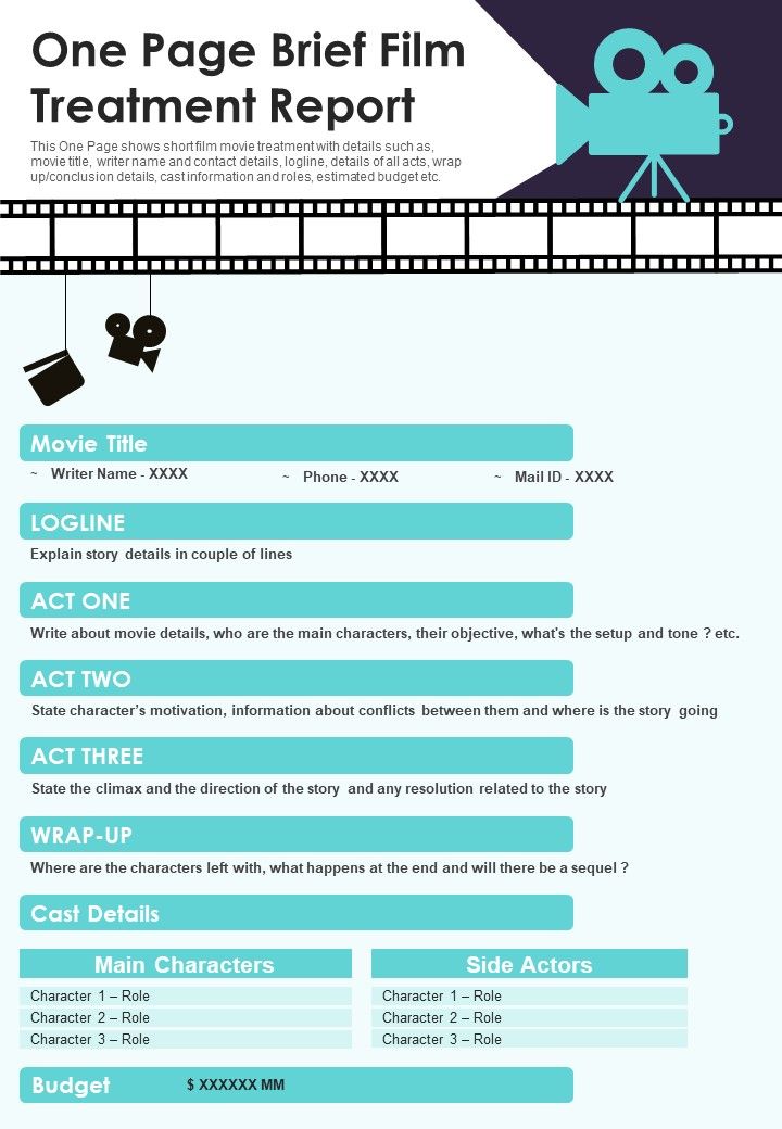 One Page Brief Film Treatment Report PDF Document PPT Template Slide01