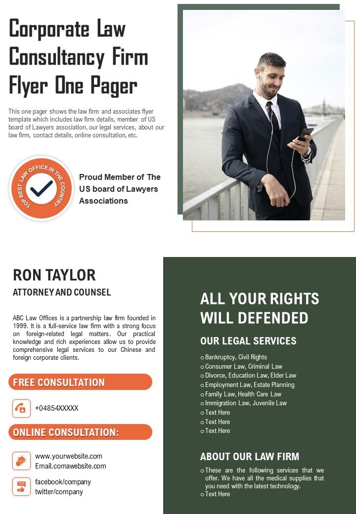 One Page Brochure For Attorney Firm PDF Document PPT Template Slide01