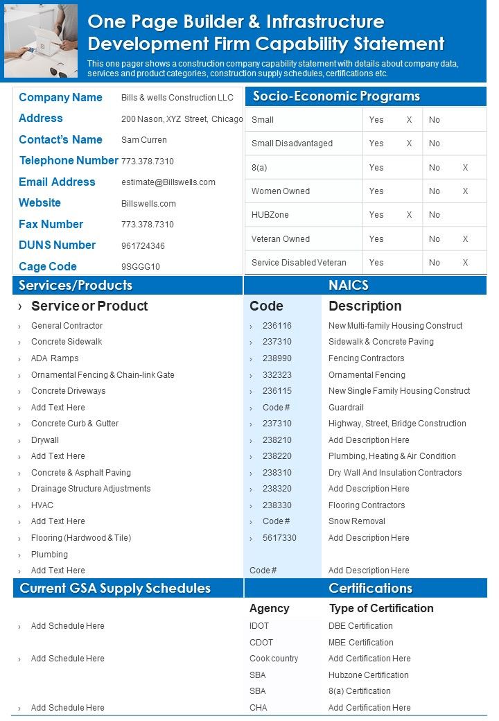 One Page Builder And Infrastructure Development Firm Capability Statement PDF Document PPT Template Slide01