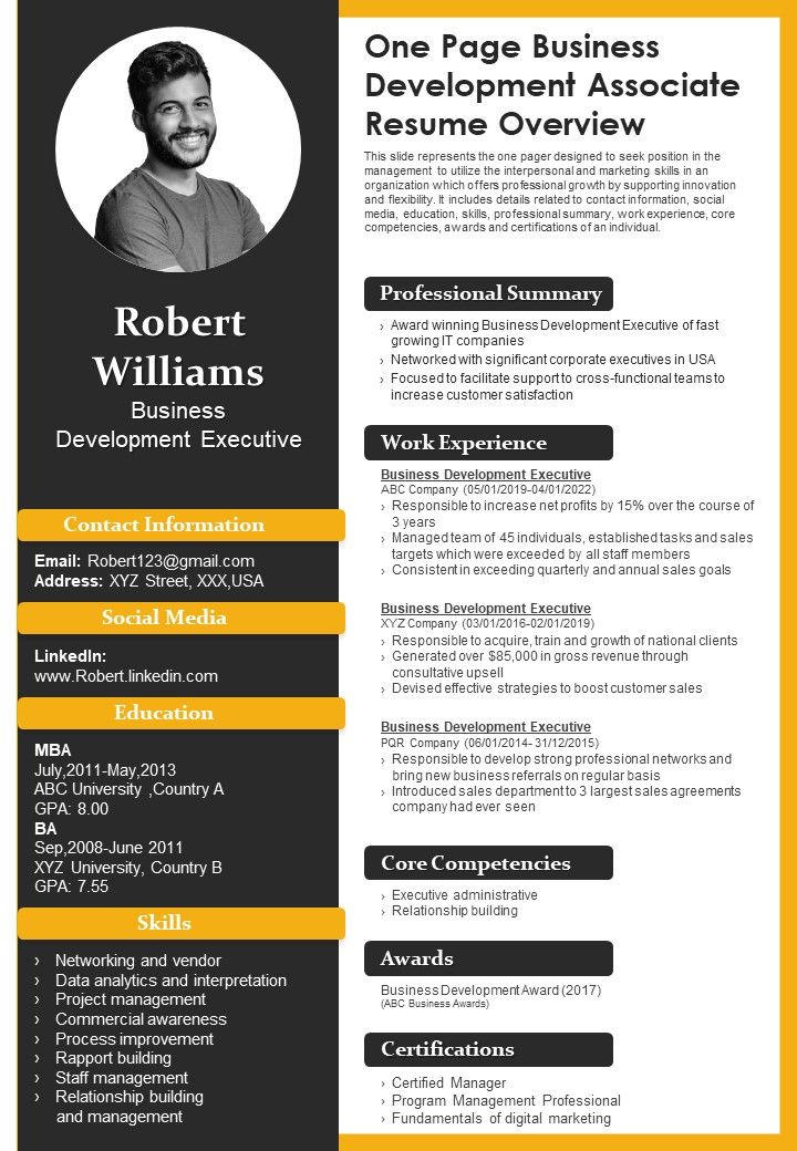 One Page Business Development Associate Resume Overview PDF Document PPT Template Slide01