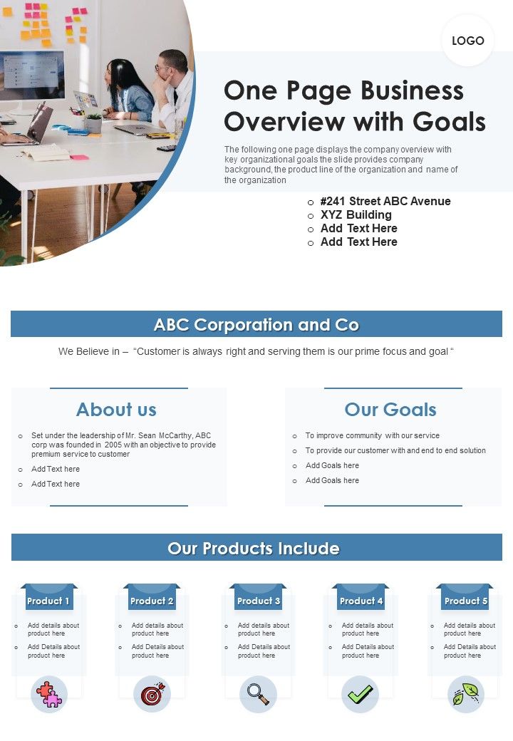 One Page Business Overview With Goals PDF Document PPT Template Slide01