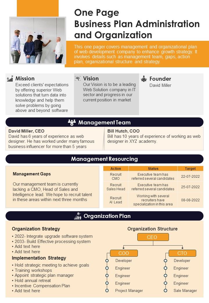 One Page Business Plan Administration And Organization PDF Document PPT Template Slide01
