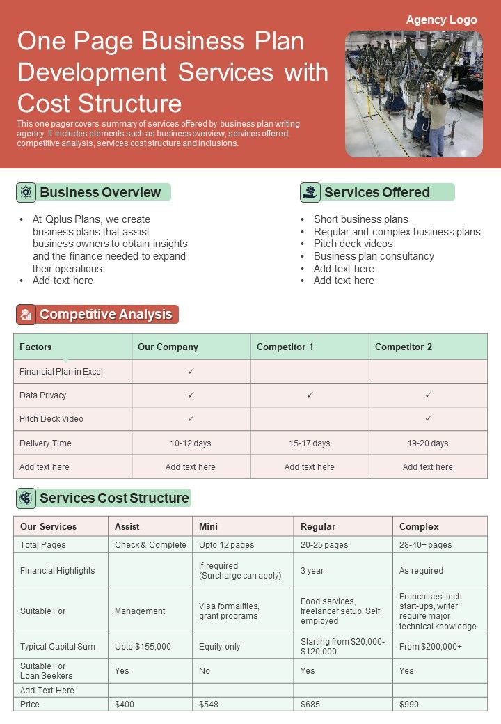 One Page Business Plan Development Services With Cost Structure PDF Document PPT Template Slide01